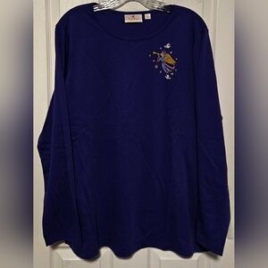 Quacker Factory Blue Long Sleeve Tee with Embroidered Angel